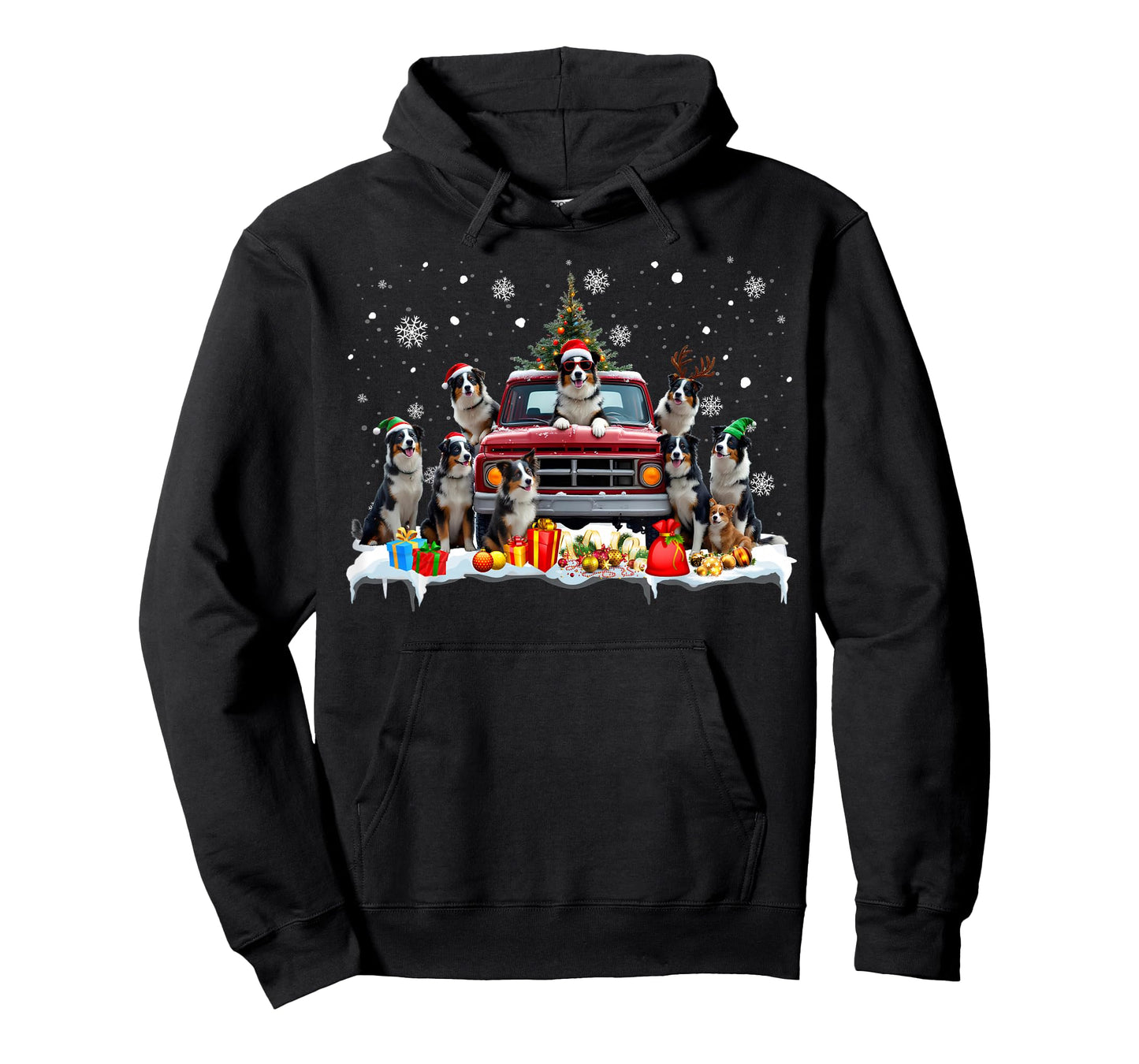 Border Collie Dog Red Truck Christmas Tree Santa Ugly Xmas T-Shirt