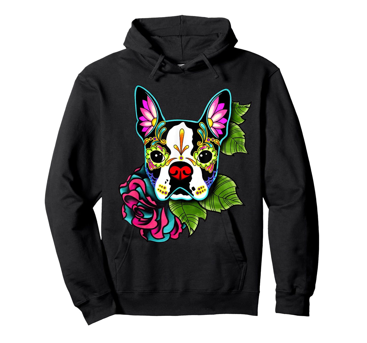 Boston Terrier in Black - Day of the Dead Sugar Skull Dog T-Shirt for Men Women Kids