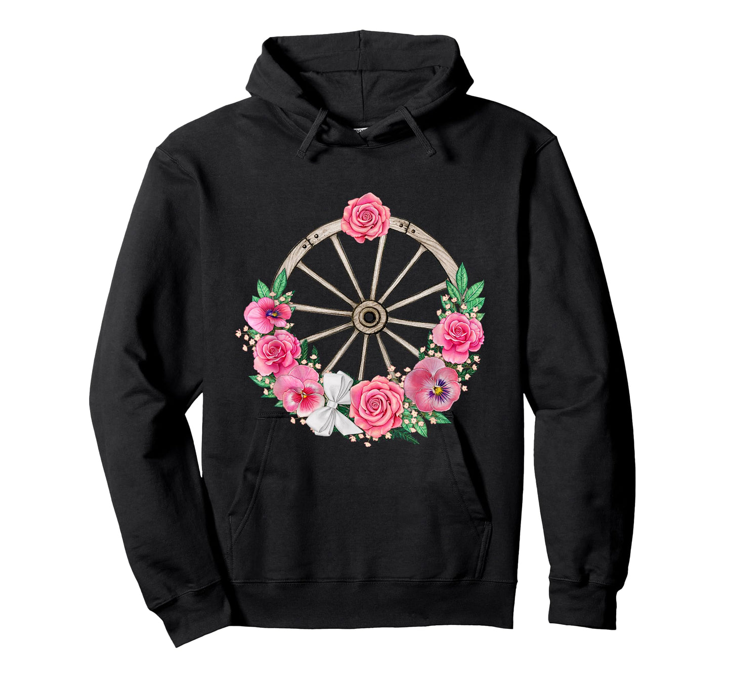 Country Wagon Wheel with Pink Roses and Panses T-Shirt