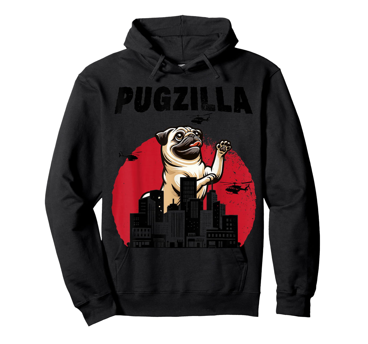 Pugzilla Funny Giant Pug Puppy in Classic Horror Japan City T-Shirt
