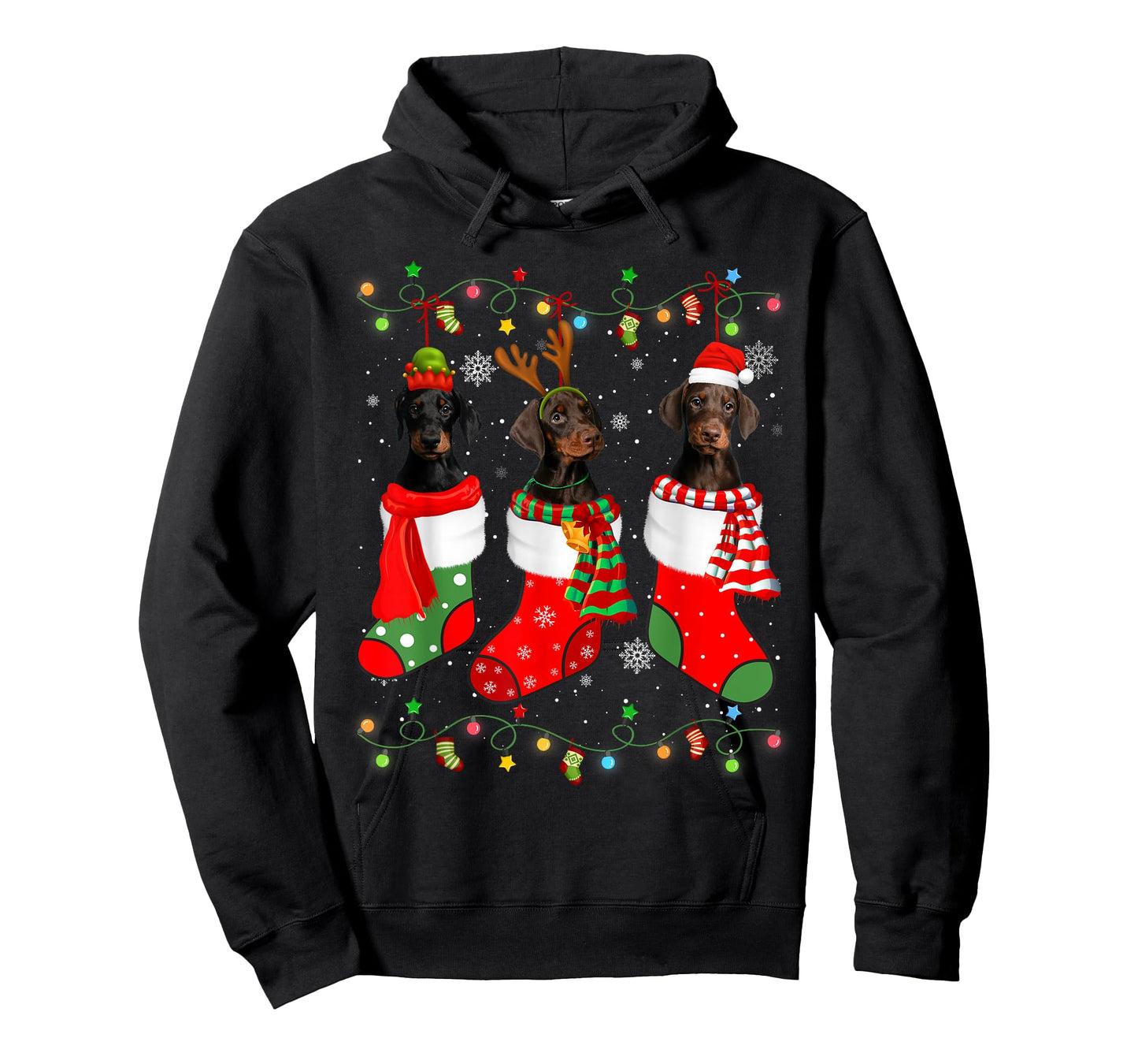 Doberman Dog Christmas Socks Santa Hat Xmas Lights T-Shirt