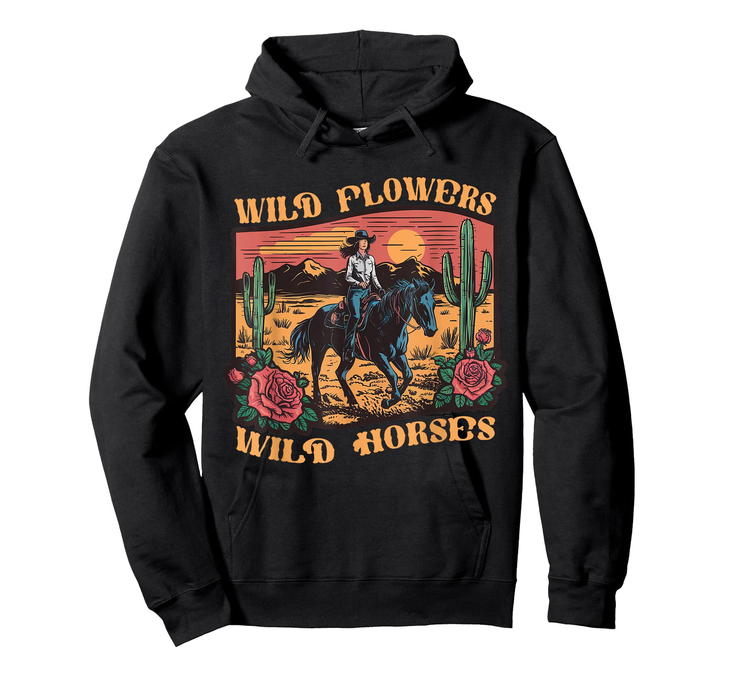 Vintage Sunset Cowgirl Riding Horse Wildflowers Women Girls T-Shirt