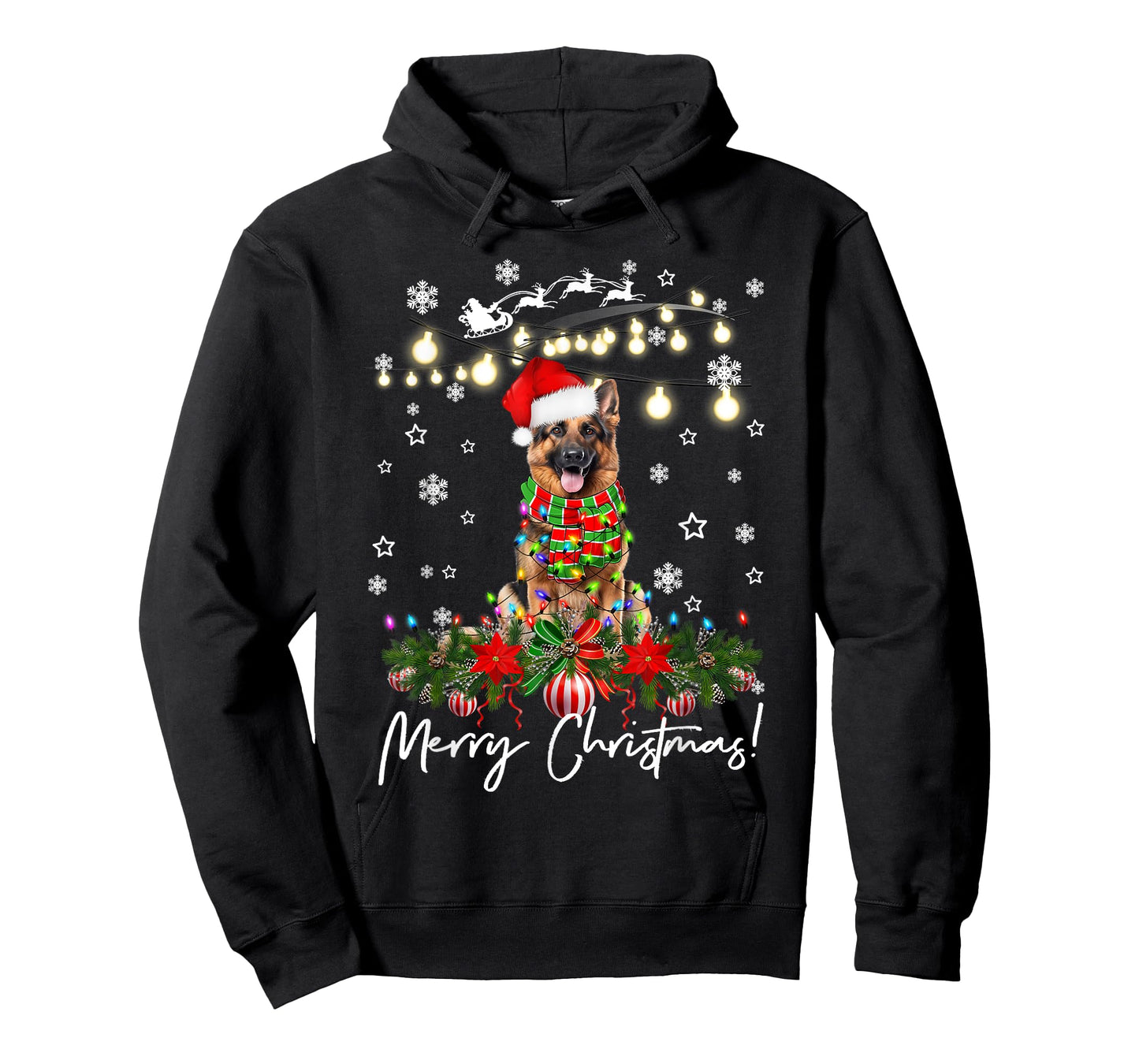 German shepherd Merry Christmas Lights Santa Hat T-Shirt