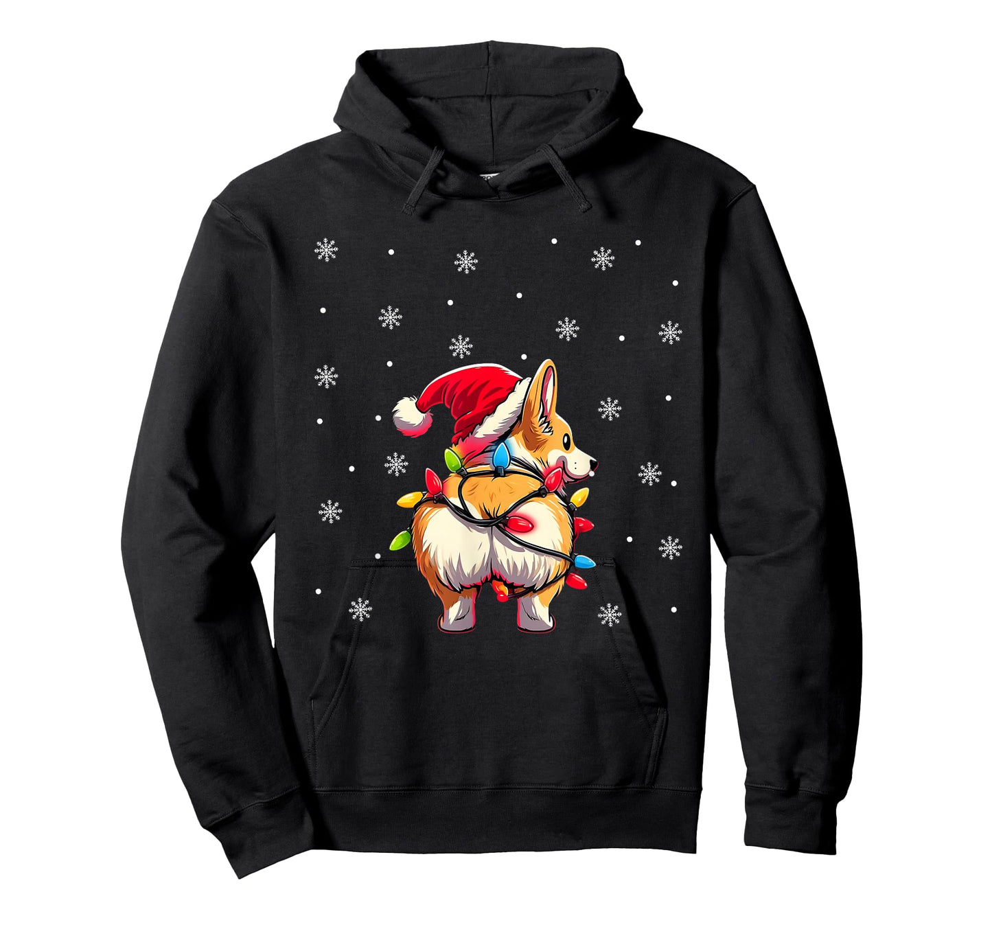 Corgi Butt Funny Santa Hat Christmas Snowflakes Lights T-Shirt