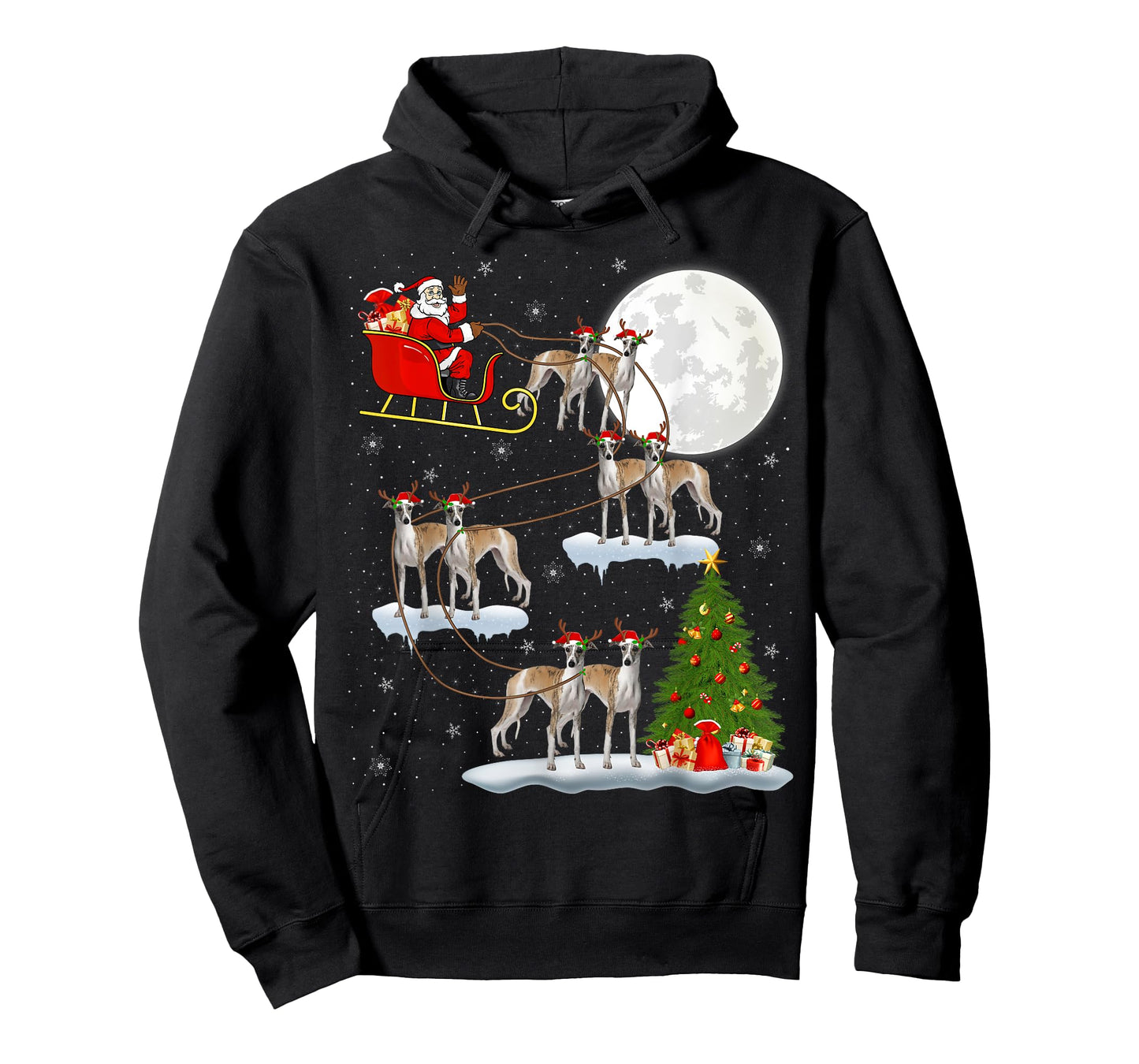 Xmas Tree Lights Funny Santa Riding Whippet Dog Christmas T-Shirt
