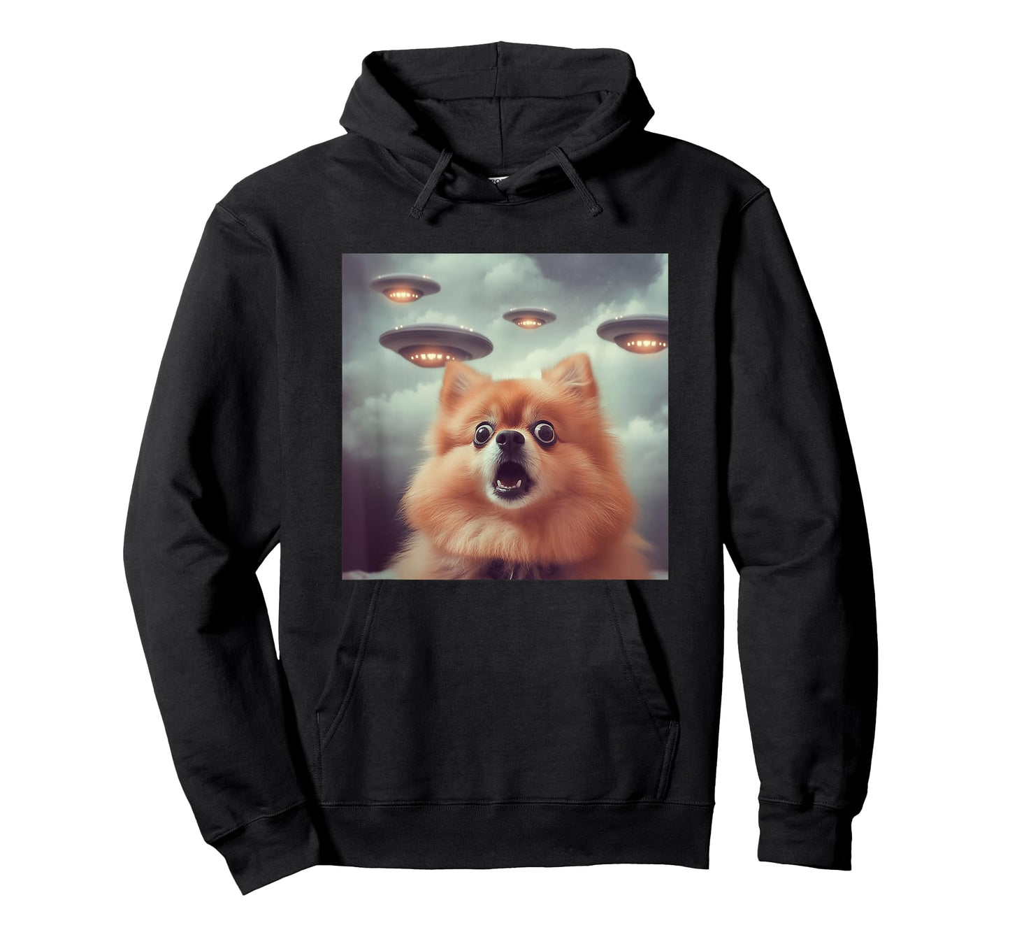 Pomeranian Selfie with UFOs Strange Print Graphic Space Funny T-Shirt