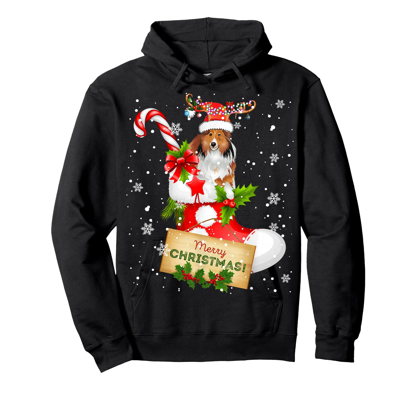 Merry Christmas Xmas Lights Santa Reindeer Sheltie In Sock T-Shirt