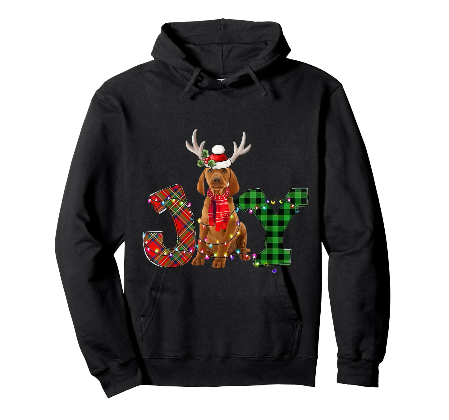Joy Christmas Lights Vizsla Dog Santa Hat Pajama Men Women Kids T-Shirt