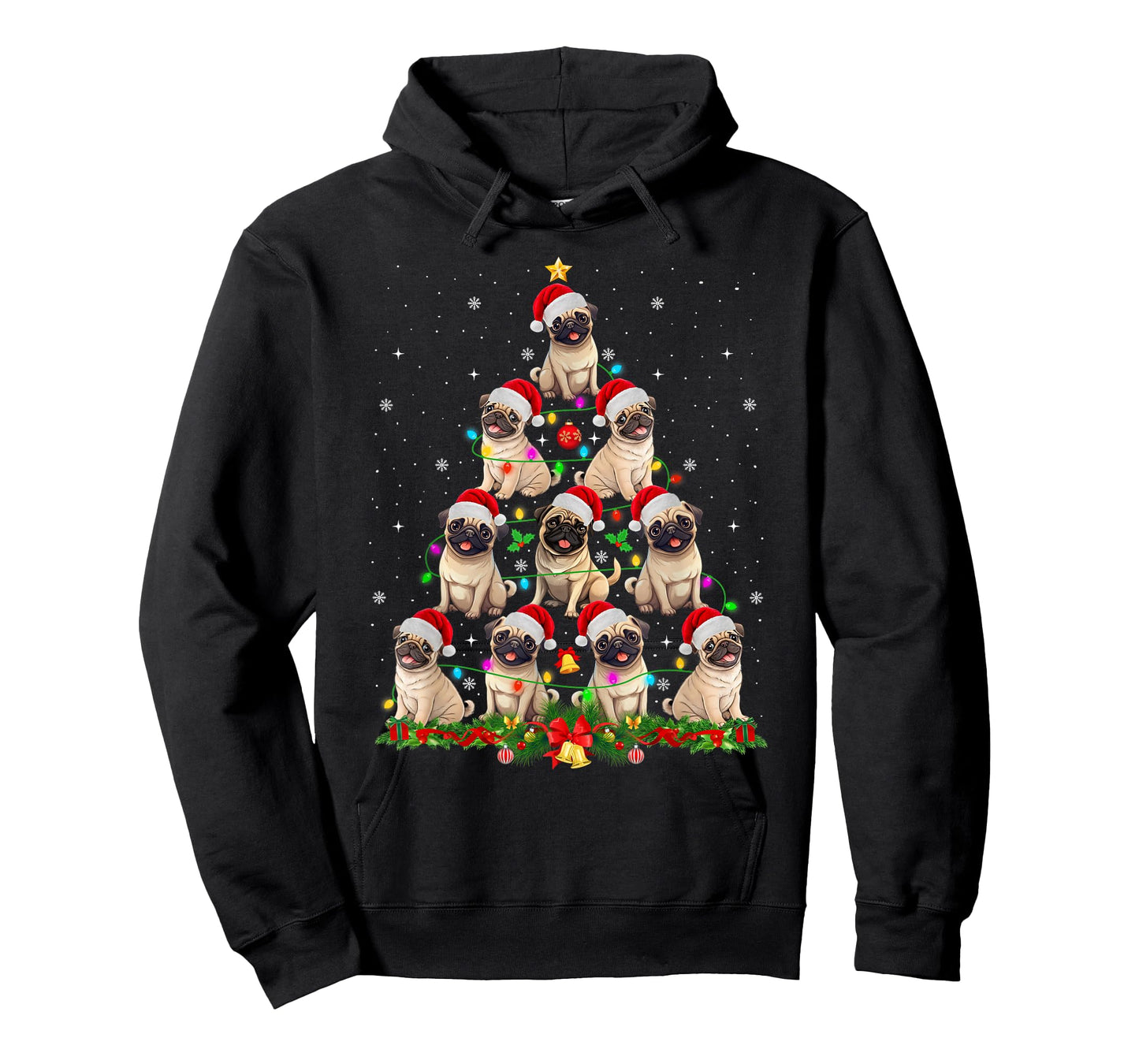 Pug Santa Hat Christmas Tree Lights Xmas Pugmas Dog Lover T-Shirt