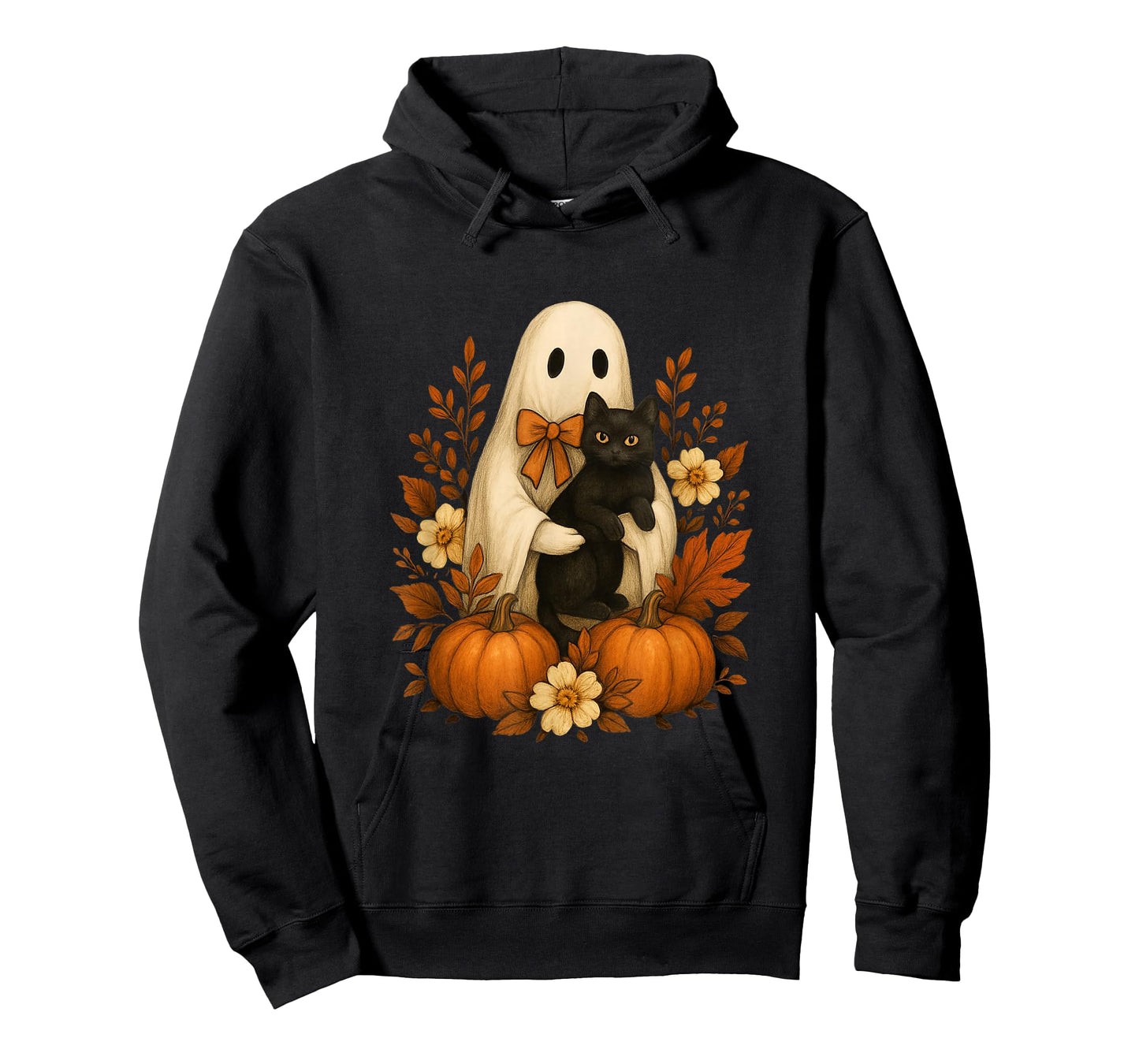 Cute Ghost Holding Black Cat Pumpkins Autumn Halloween T-Shirt