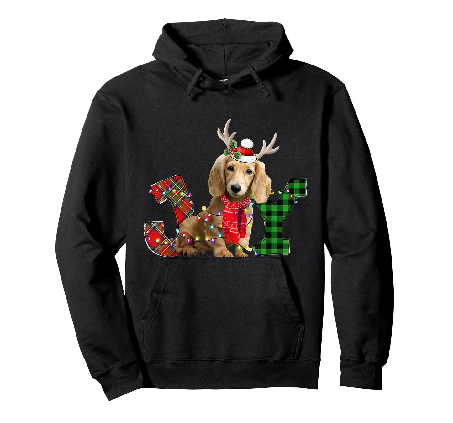 Joy Christmas Lights Long Haired Dachshund Dog Santa Hat T-Shirt