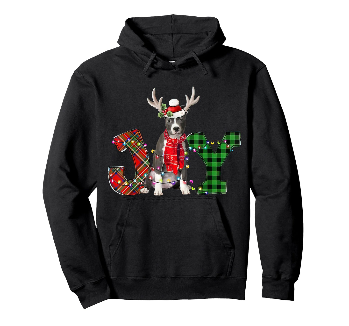 Joy Christmas Lights Blue Nose Pitbull Dog Santa Hat Pajama Men Women Kids T-Shirt