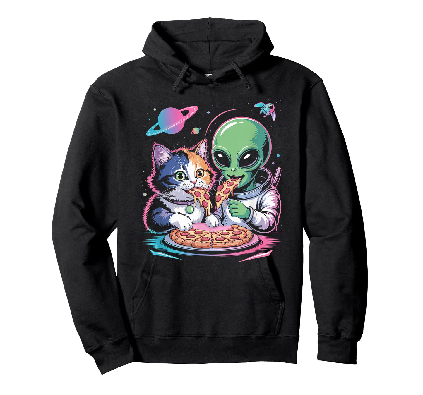 Funny Cat and Alien Sharing Pizza Space UFO for Men Women T-Shirt