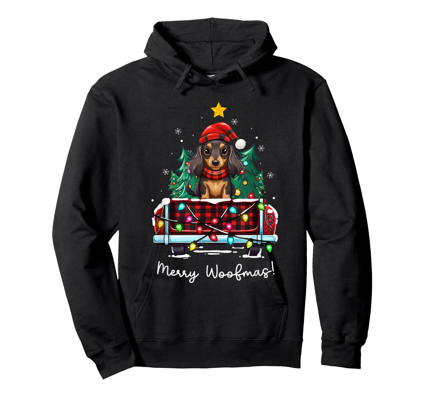 Long Haired Dachshund Christmas Dog Truck Plaid Funny Xmas Men Women Kids T-Shirt