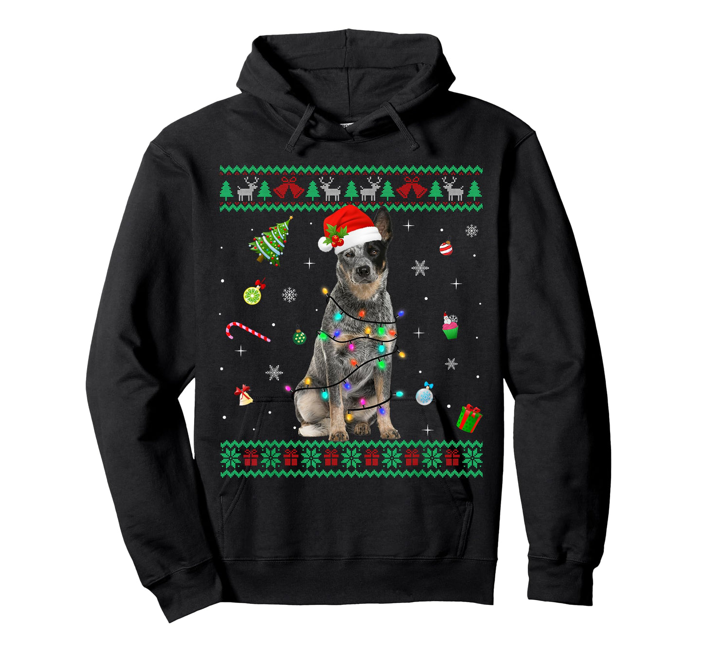 Ugly Sweater Australian Cattle Dog Christmas Light Santa Hat T-Shirt