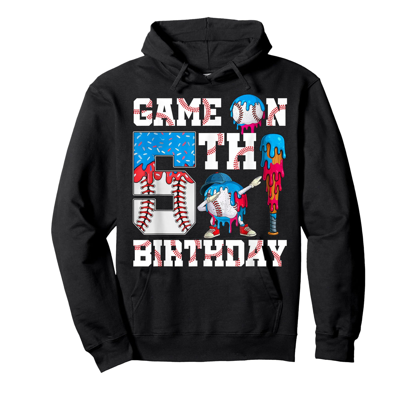 Game On I'm 5th Birthday Baseball Drip Ice Cream 5 Year Old T-Shirt