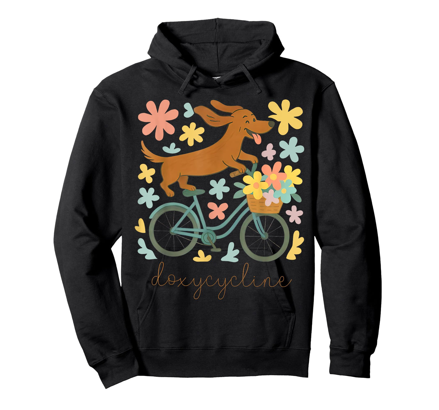 Doxycycline Pharmacy Pun Funny Dachshund on Bicycle Flower T-Shirt