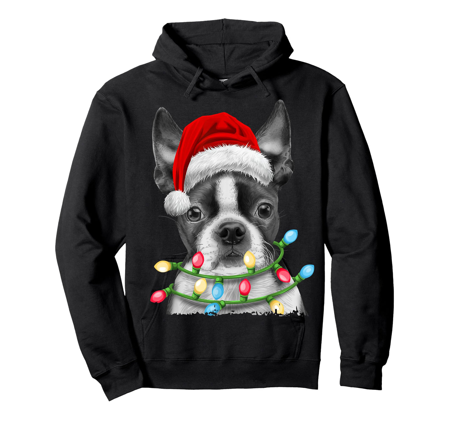 Boston Terrier Santa Christmas Tree Lights Xmas Boys Men Dog T-Shirt