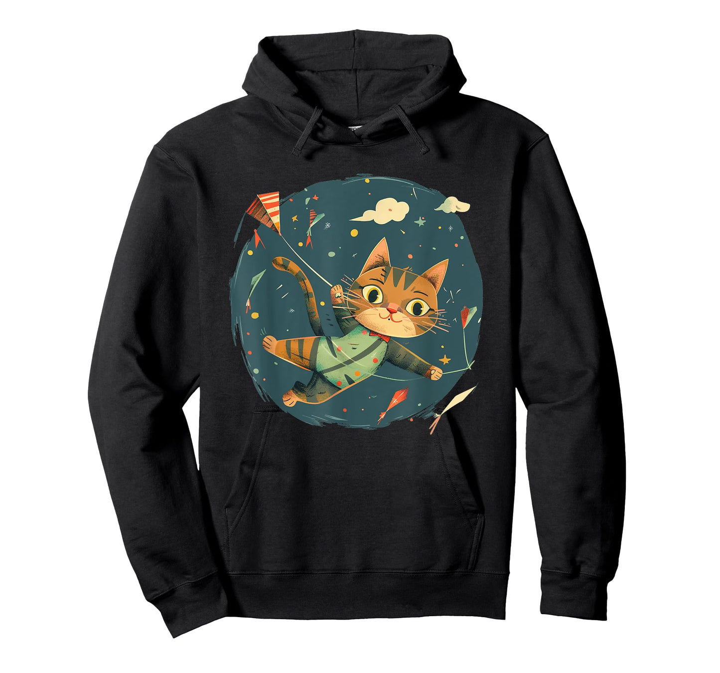 Cheerful Cat Flies Kites Emblem for a Playful Windy Touch T-Shirt
