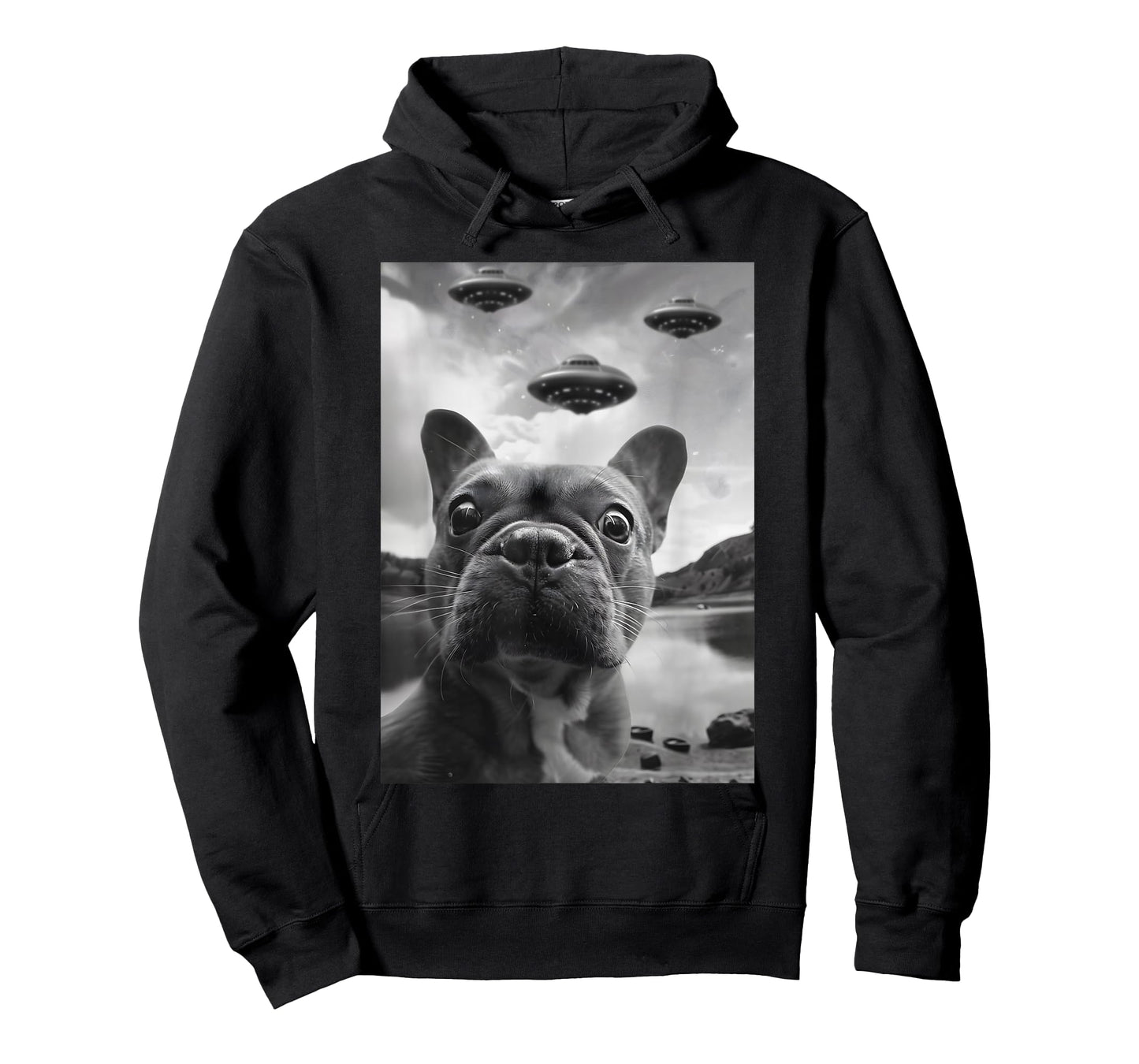 Funny French Bulldog Selfie with UFOs Weird Puppy Dog T-Shirt
