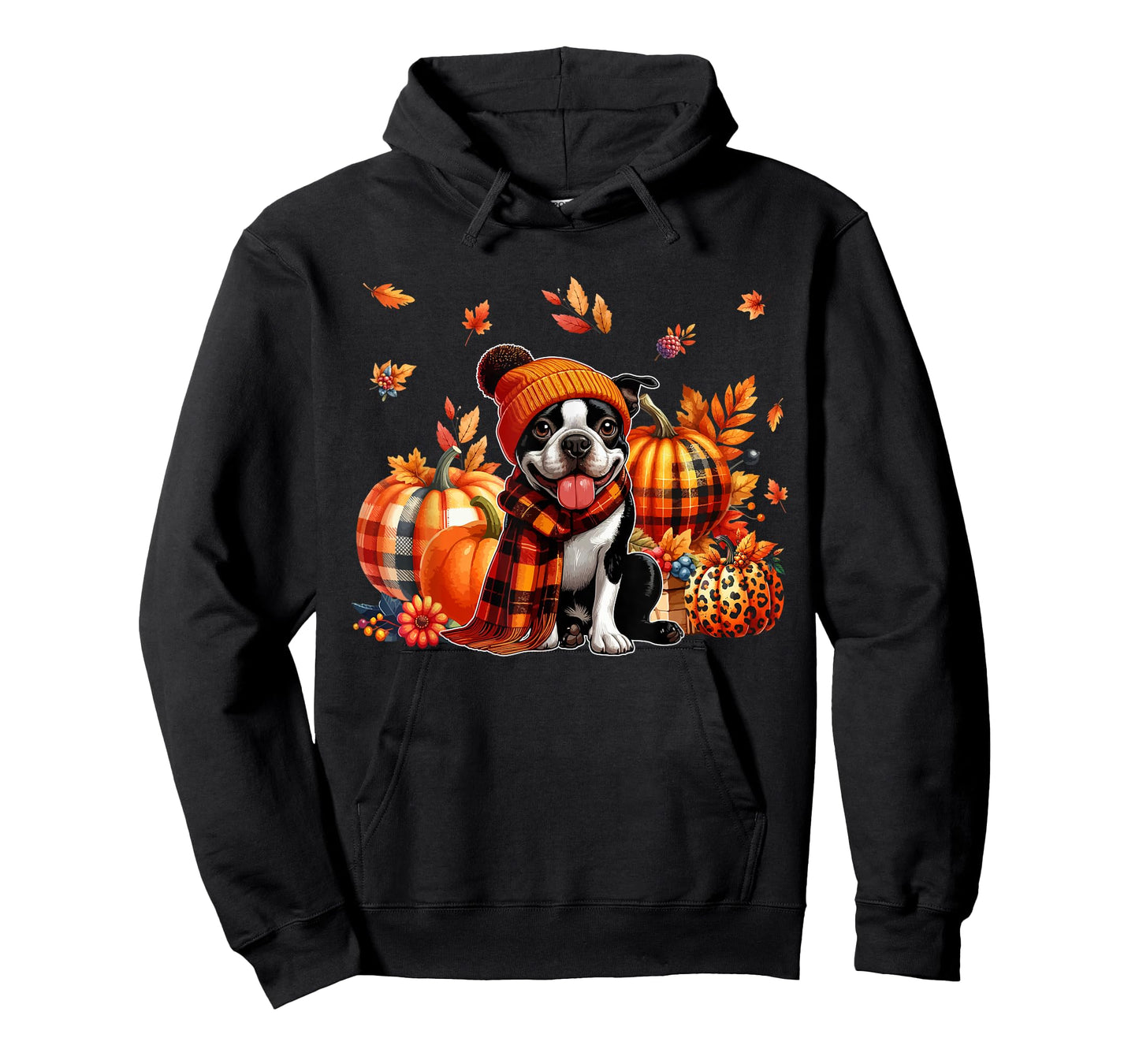 Boston Terrier Thanksgiving Leopard Pumpkins Fall Leaves T-Shirt