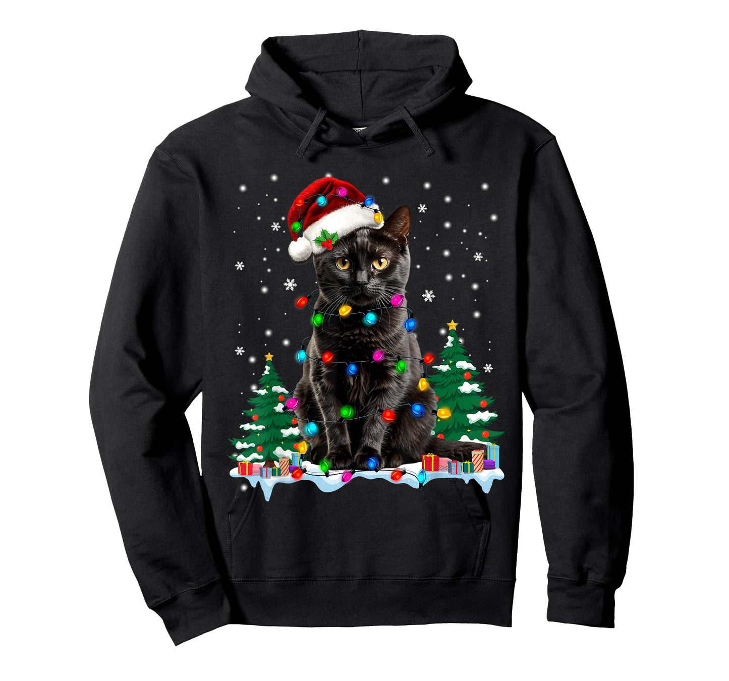 Black Cat Christmas Light Santa Hat Cat Lovers Xmas Pajamas T-Shirt