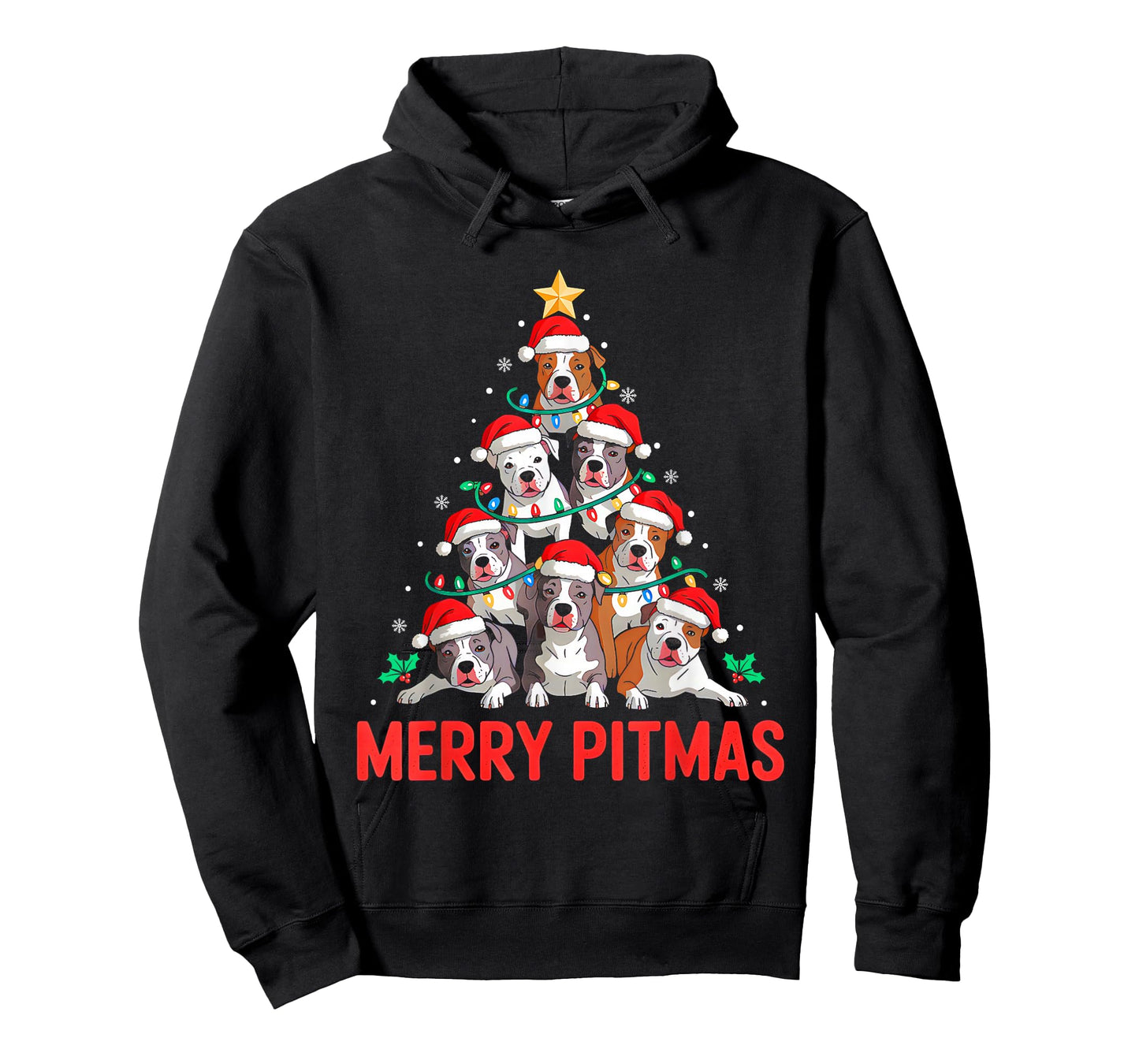 Pitbull Dog Tree Xmas Light Santa Hat Christmas Merry Pitmas T-Shirt