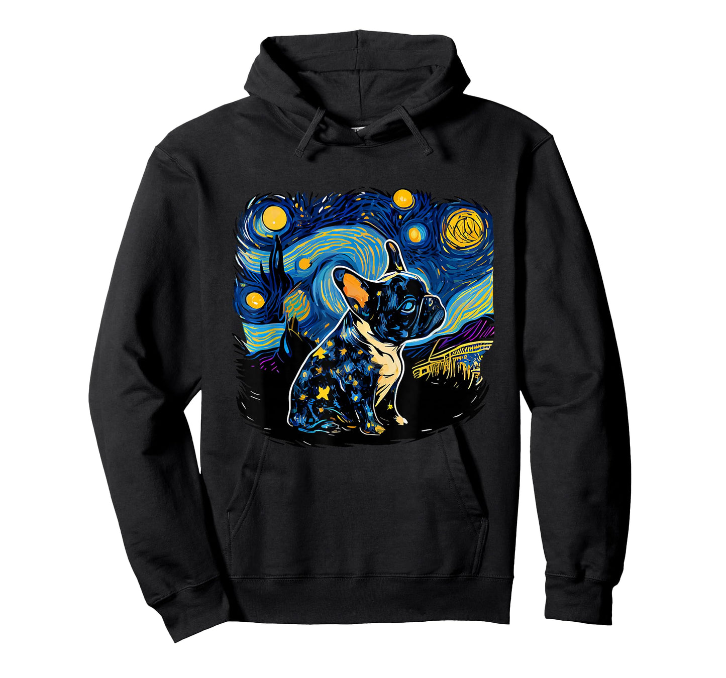Black Frenchie French Bulldog Starry Night Van Gogh Colorful T-Shirt