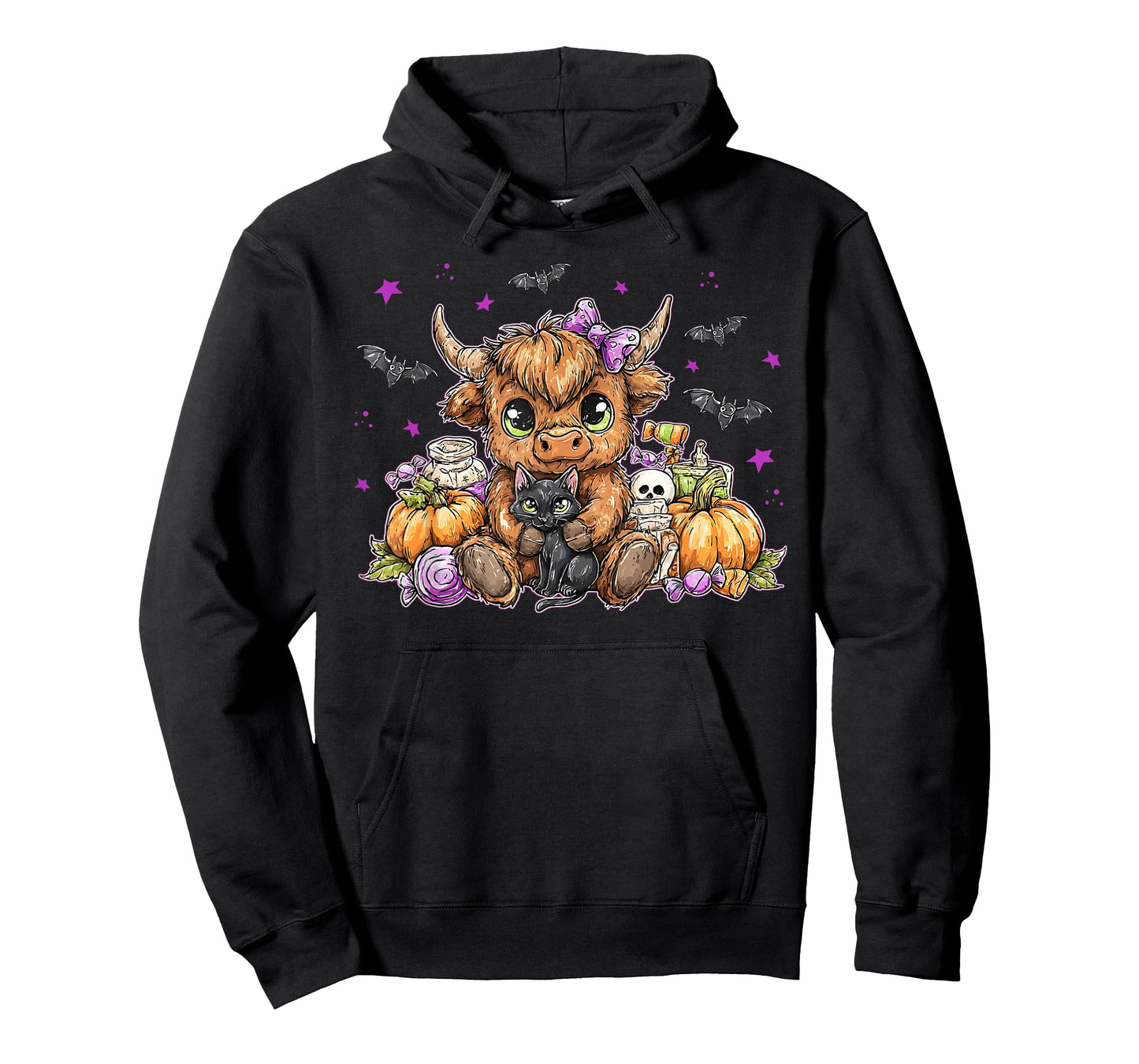 Retro Pumpkin Highland Cow Halloween Cow Lover Black Cat T-Shirt