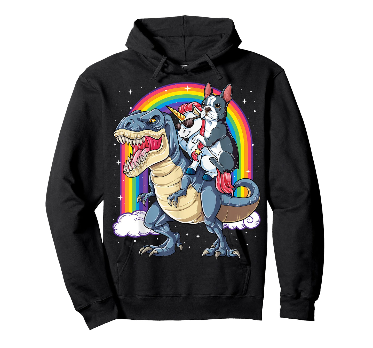 Boston Terrier Unicorn Riding Dinosaur T-rex Girls Rainbow T-Shirt