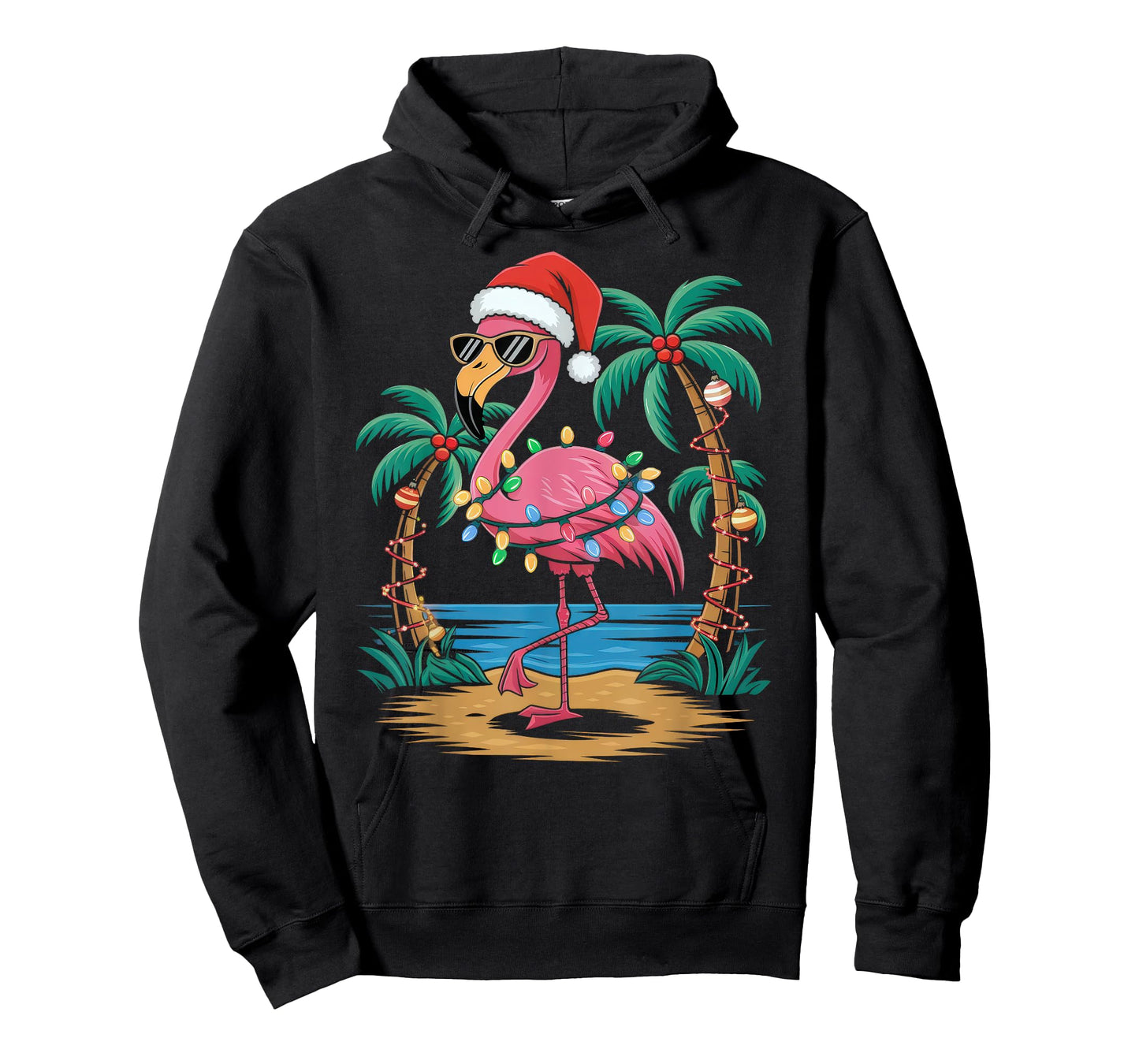 Santa Flamingo Christmas Lights Tropical Palms Tree Beach T-Shirt