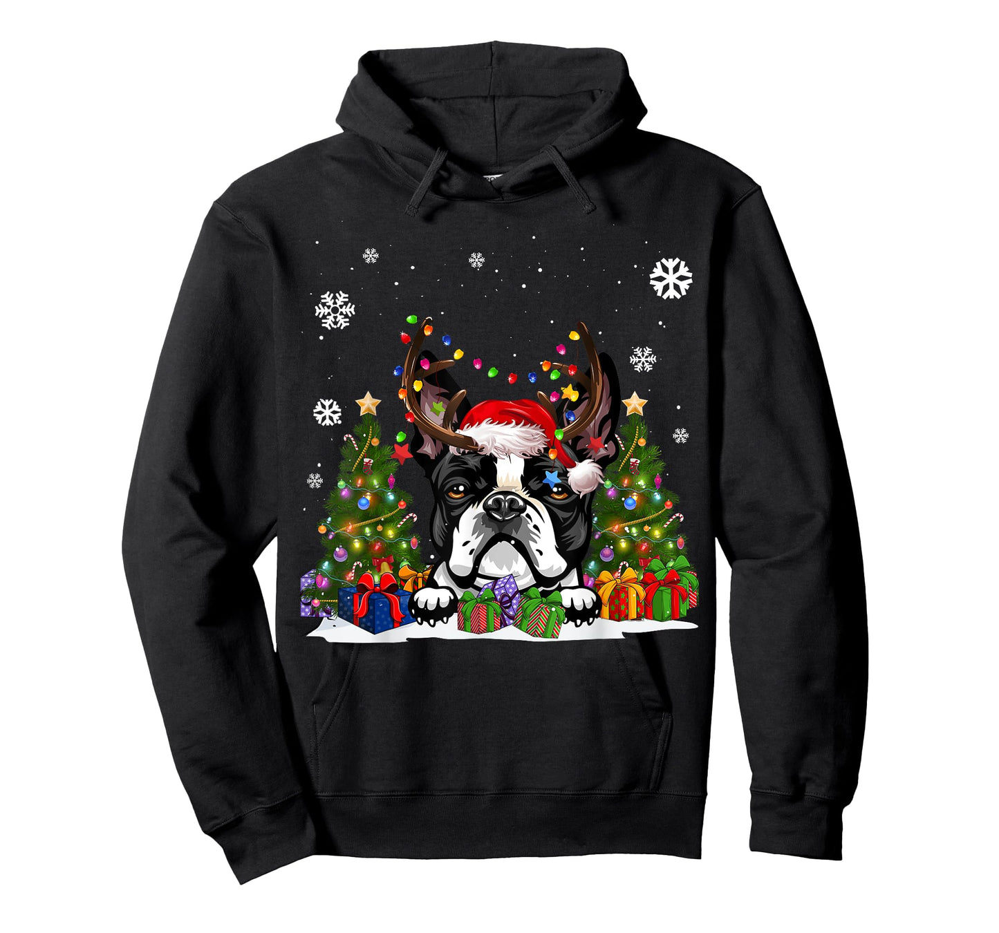 Funny Dog Boston Terrier Santa Hat Ugly Christmas Sweater T-Shirt for Men Women Kids