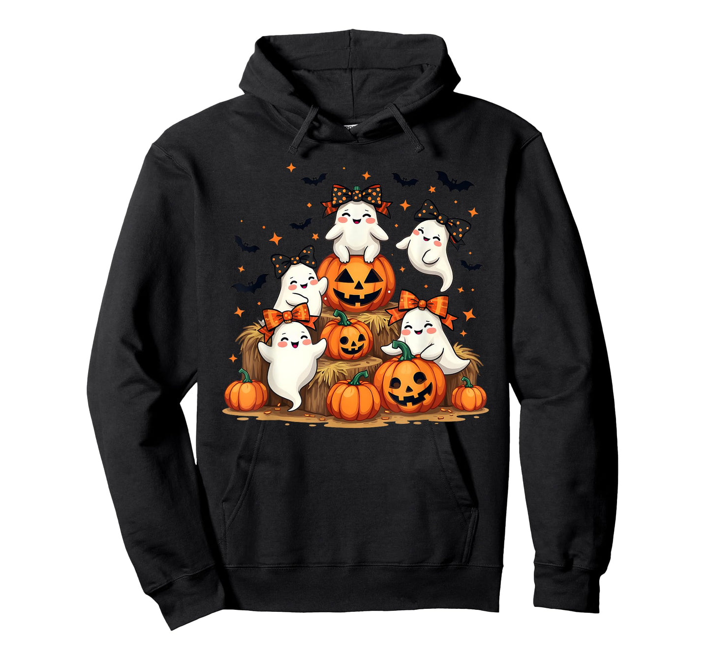 Cute Ghosts in Coquette Bows, with Bats and Pumpkins T-Shirt