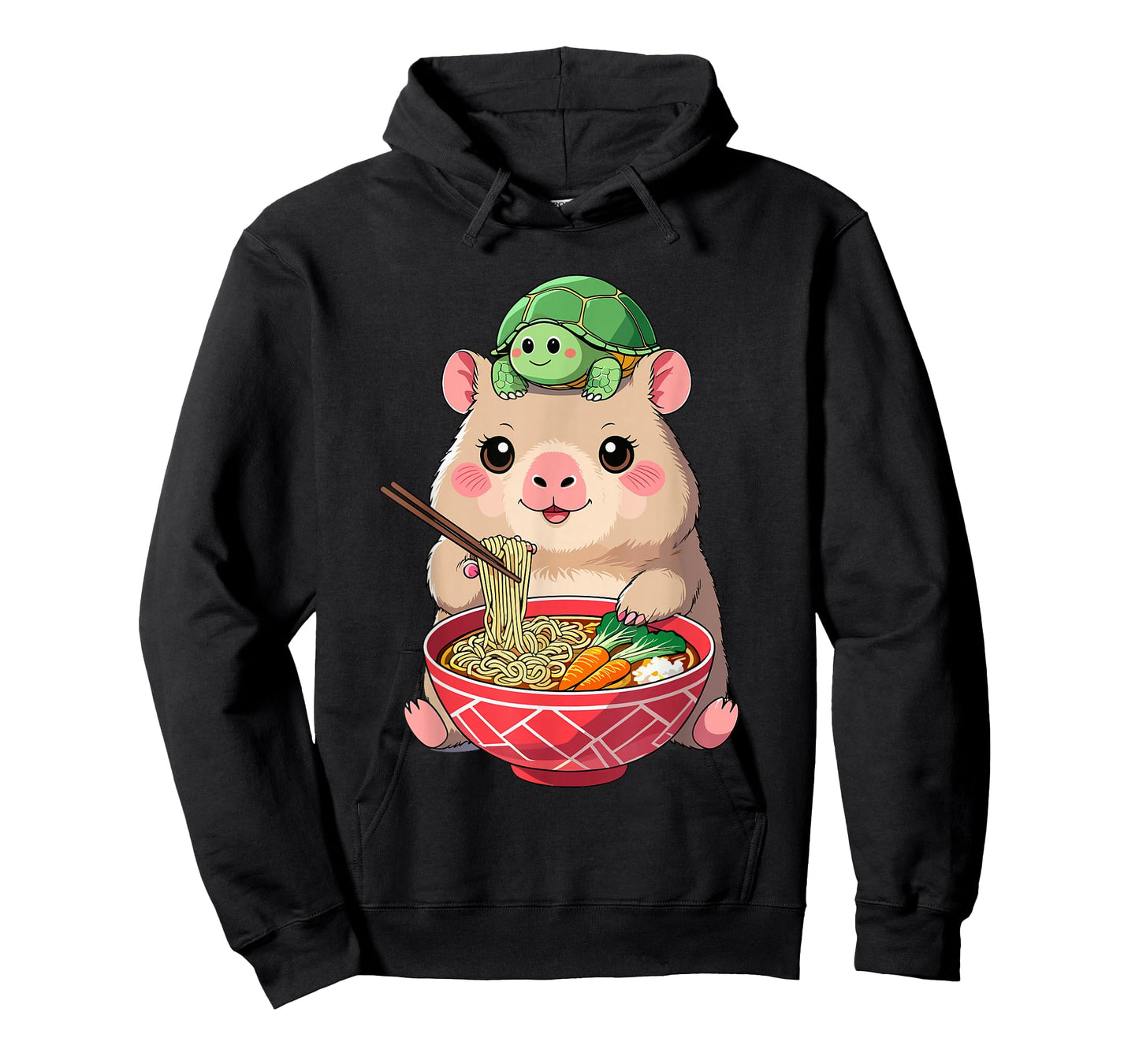 Cute Kawaii Capybara Eating Noodles with Turtle on Head T-Shirt