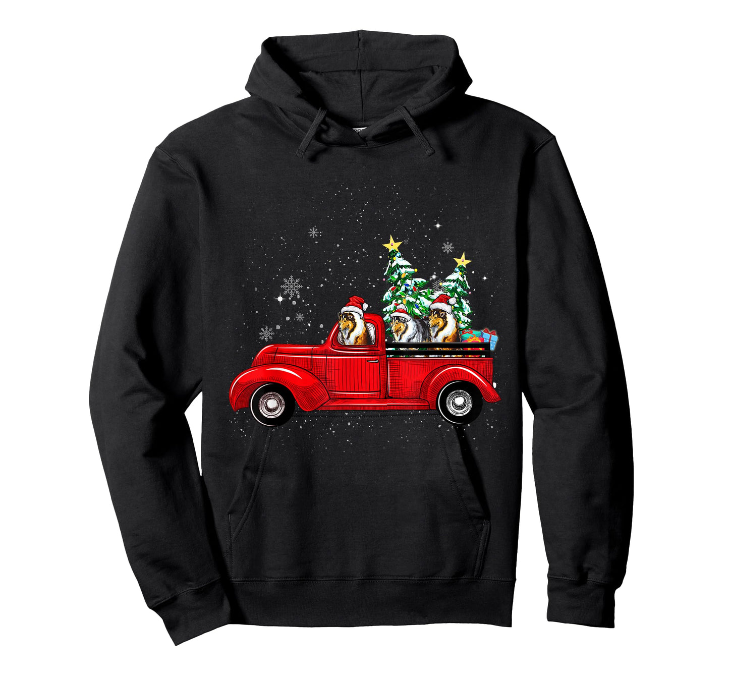 Rough Collie Dog Driving Xmas Truck Christmas Tree Lights T-Shirt for Men Women Kids