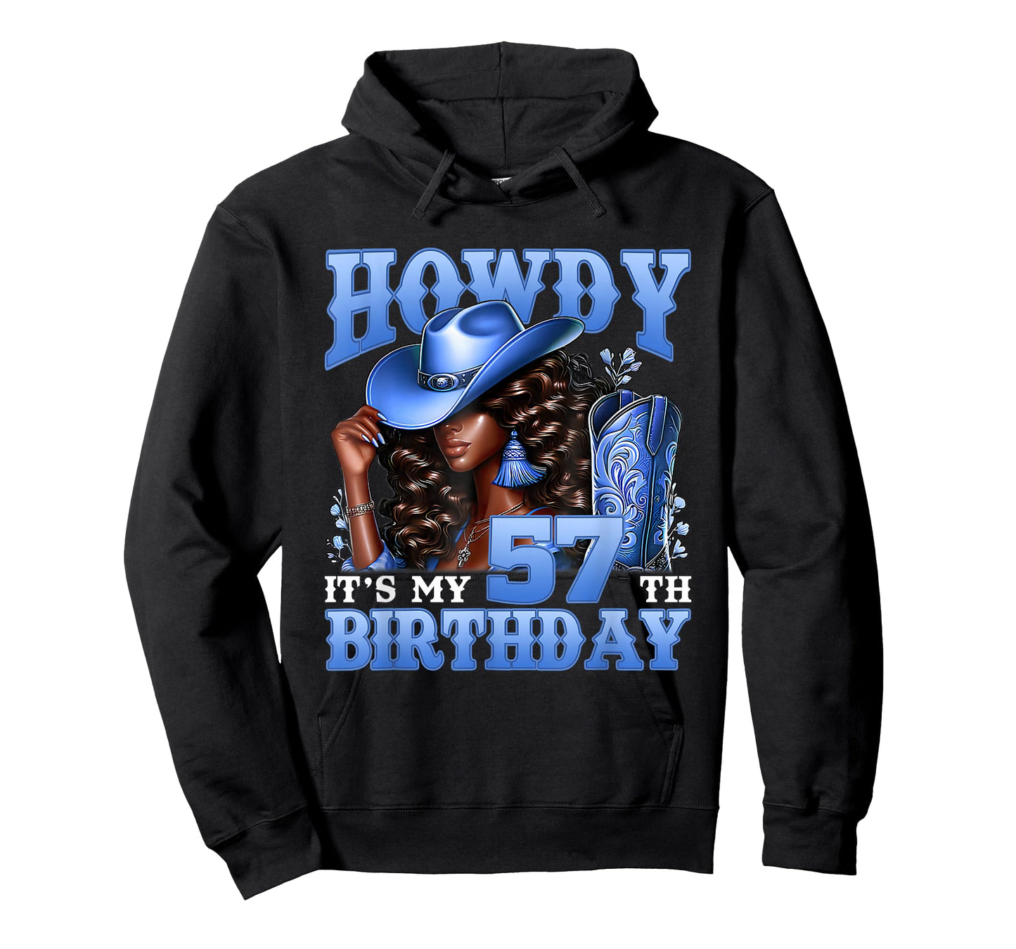 Howdy 57th Birthday Western Cowgirl Hat Boots Black Women T-Shirt