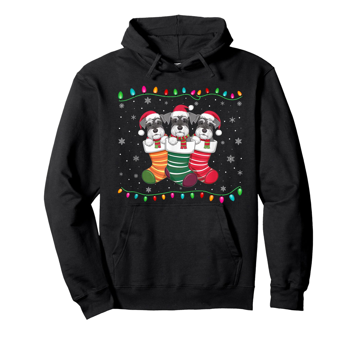 Xmas Tree Lights Funny Schnauzer Dog in Christmas Socks T-Shirt for Men Women Kids