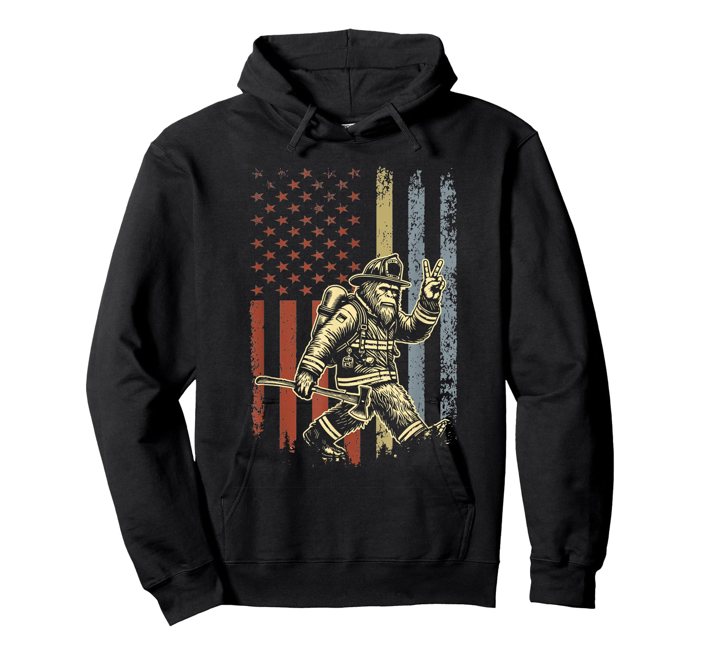 Retro American Flag Bigfoot Firefighter Sasquatch Fireman T-Shirt