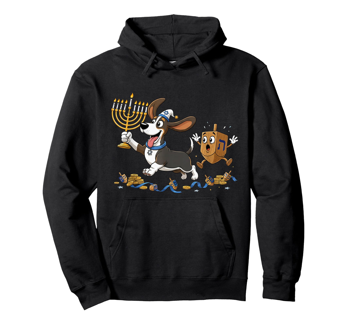 Funny Basset Hound Dreidel Menorah Hanukkah Kids Womens Mens T-Shirt