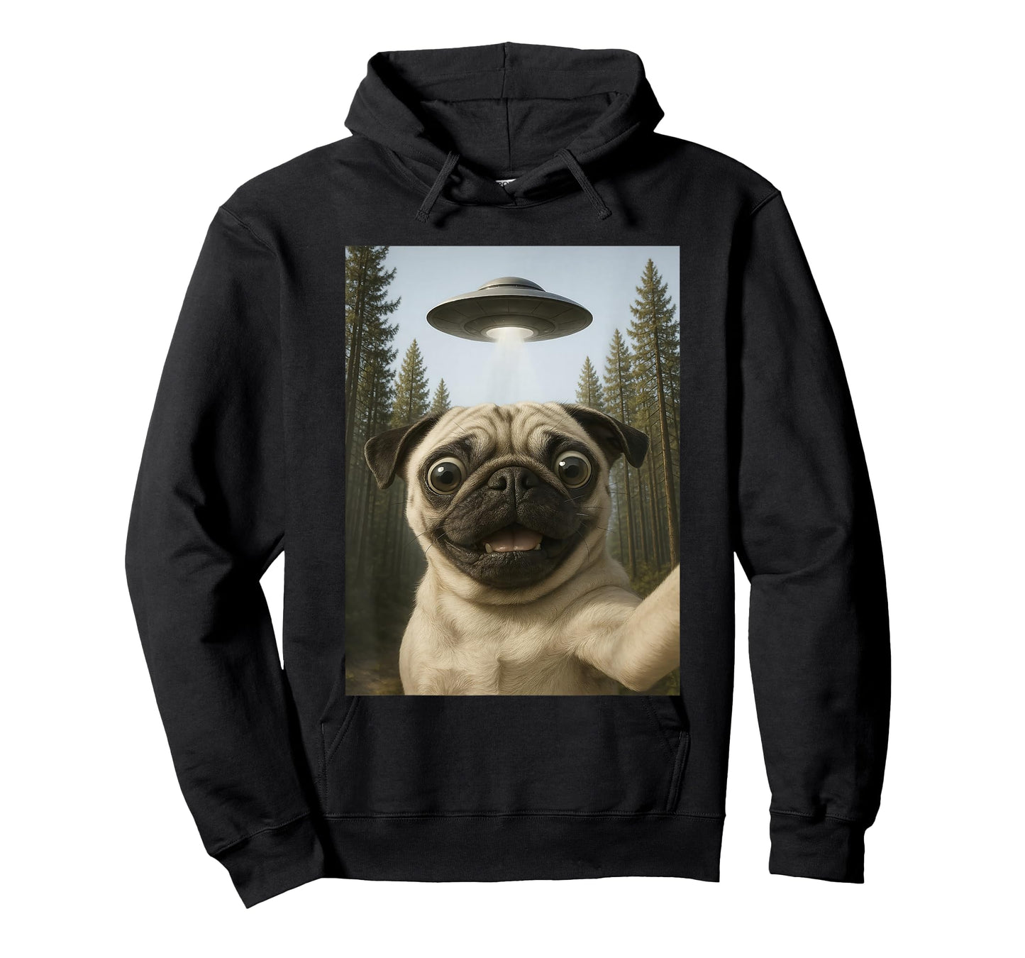 Funny Pug Selfie with UFO Alien Dog Humor for Pug Lover T-Shirt