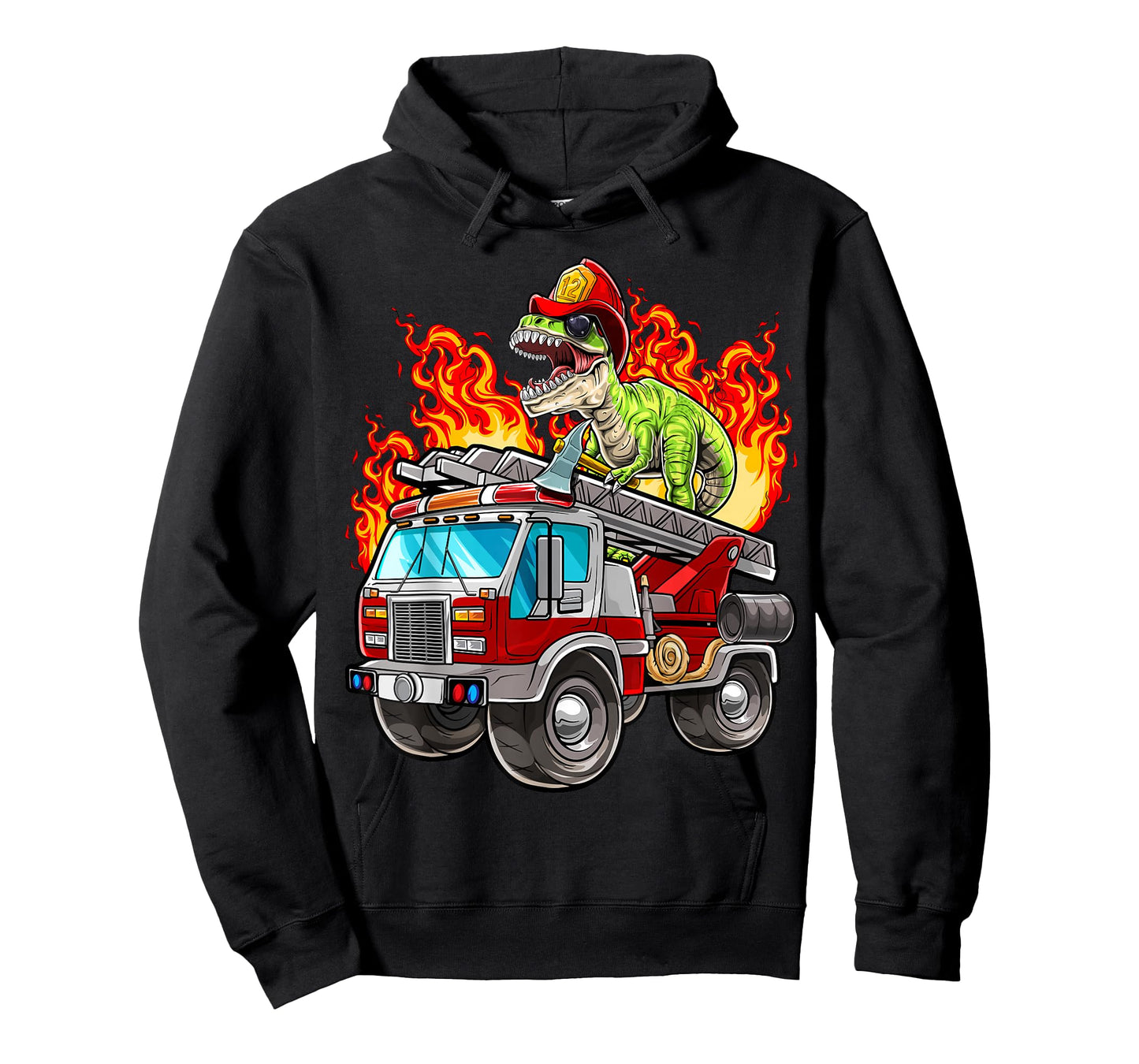 Fireman T Rex Dinosaur Firefighter Hat and Firetruck Boys T-Shirt