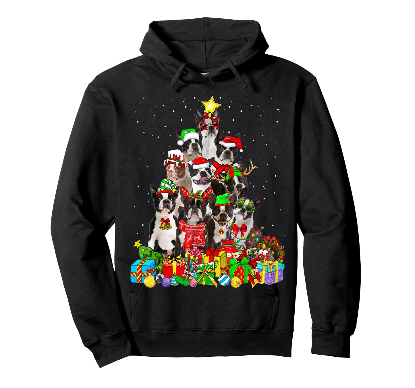 Funny Boston Terrier Dog Christmas Tree Lights Xmas Pajama T-Shirt for Men Women Kids
