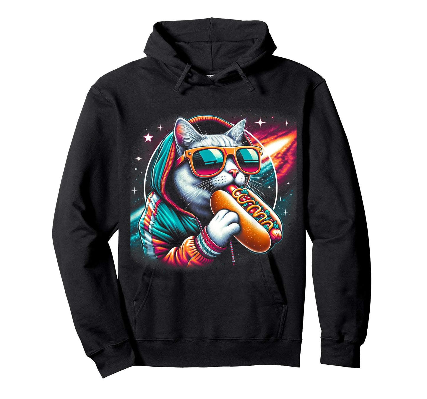 Funny Cat eating Hotdog in space kitty Space Galaxy Men Women Kids T-Shirt