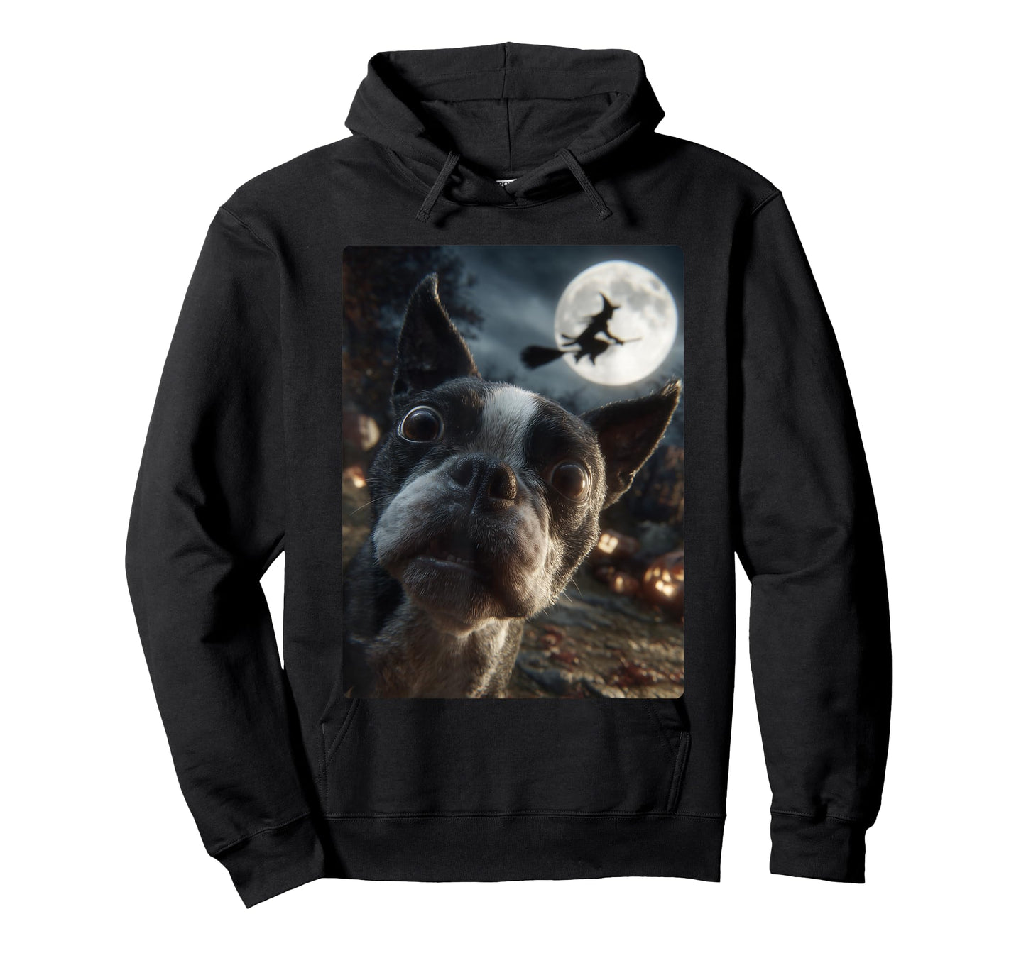 Boston Terrier Selfie Full Moon Flying Witch Halloween Dog T-Shirt