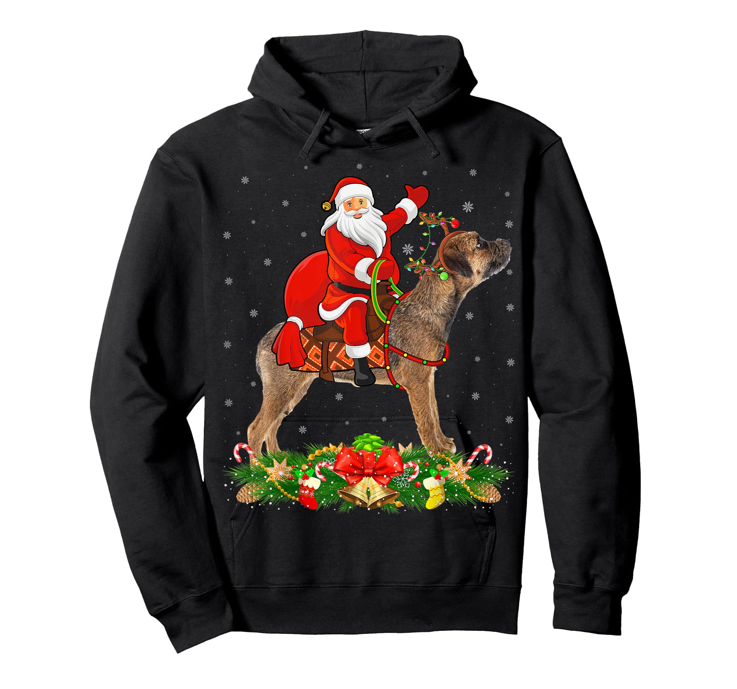Xmas Matching Funny Santa Riding Border Terrier Christmas T-Shirt