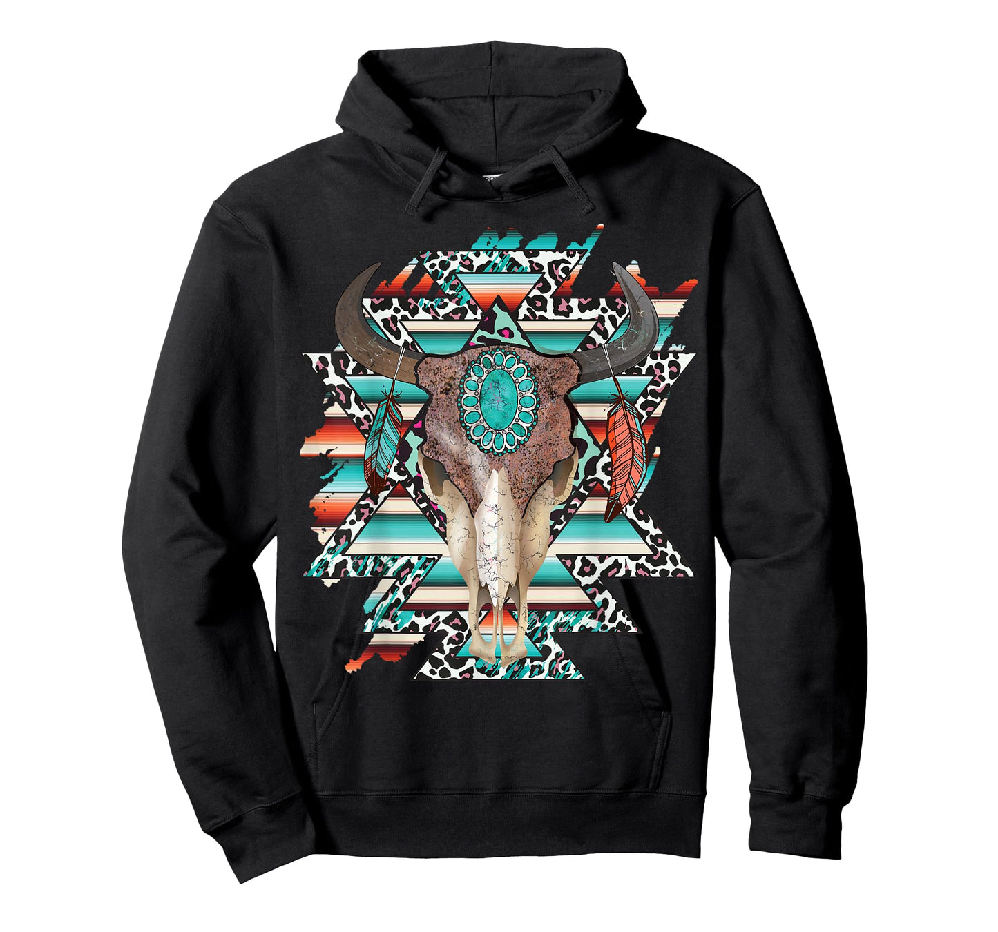 Boho Serape Turquoise Aztec Cow Bull Skull Western Cowgirl T-Shirt