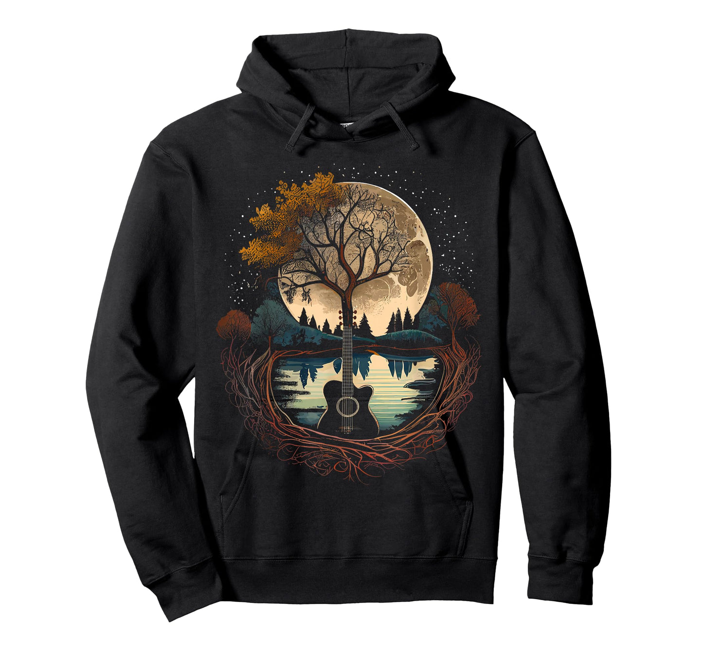 Acoustic Guitar Tree and Moon By The Lake Guitarist T-Shirt