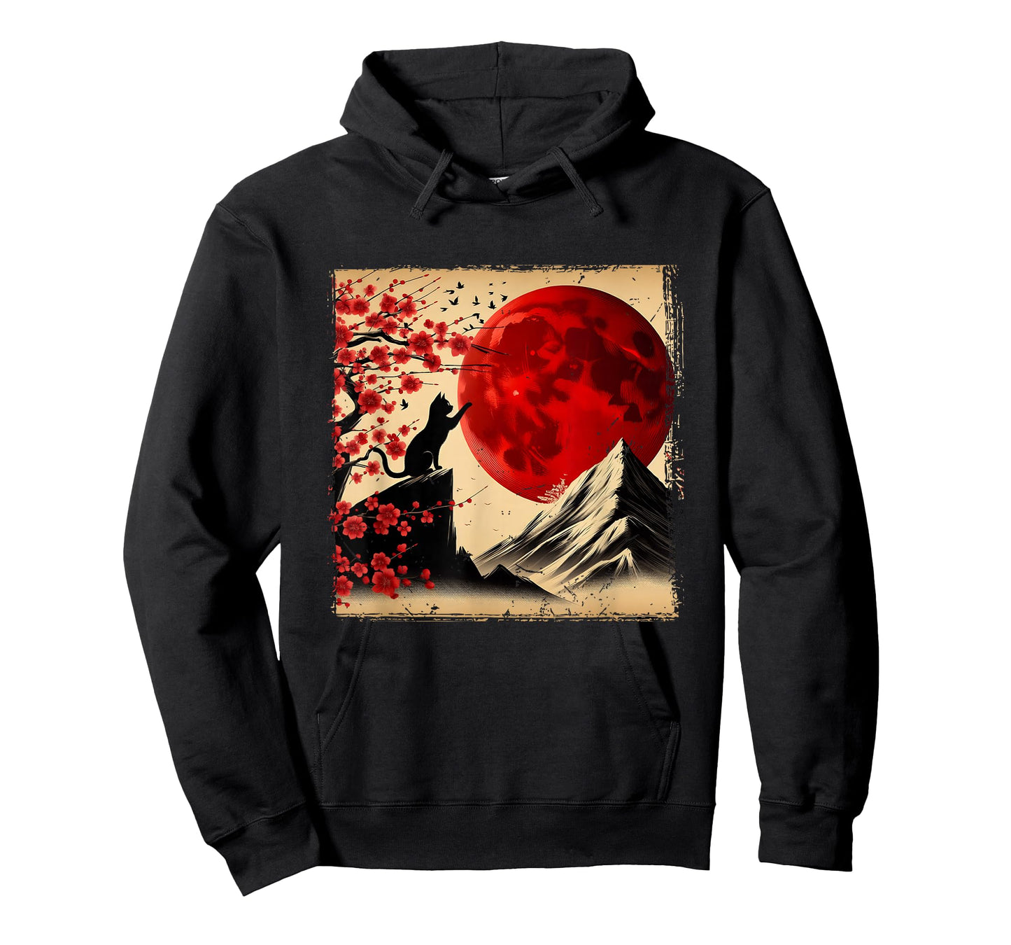 Cat Silhouette Cherry Blossoms Red Moon Japanese T-Shirt