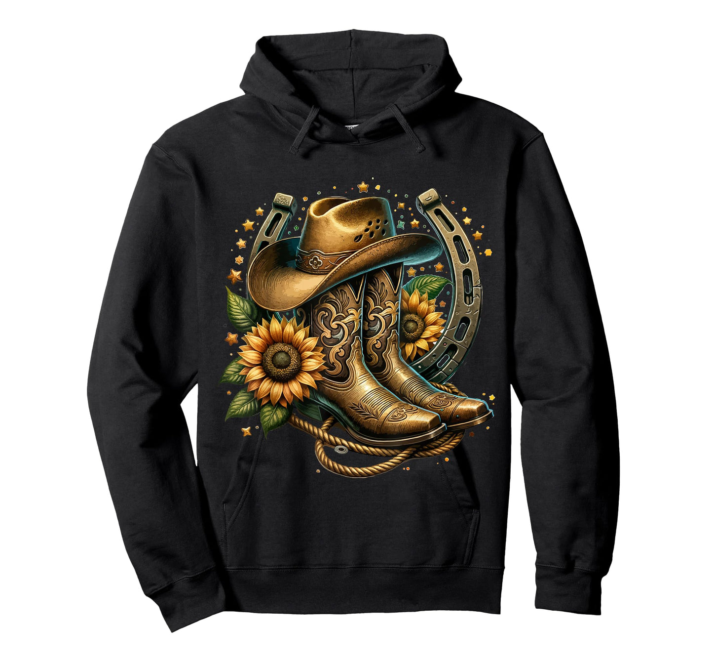 Vintage Rustic Western Country Cowboy Boot Art Tee - Women's Western Themed Floral Boot, Rope & Hat T-Shirt - Black, Small