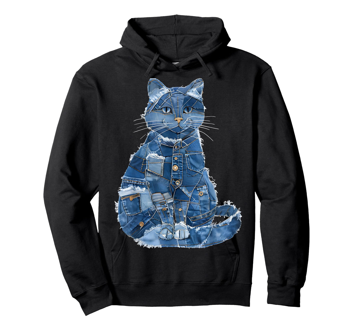 Retro Cat Pattern Denim Patchwork Graphic Art T-Shirt